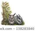 Watercolor rabbits with golden wheat in a vertical pastoral composition. Soft natural tones, botanical detail create a calm rustic mood, ideal for packaging, branding, stationery, farm organic product 138283840