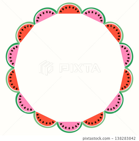 Cute vector watermelon circle frame, pink and red summer fruit round border for labels and package design 138283842