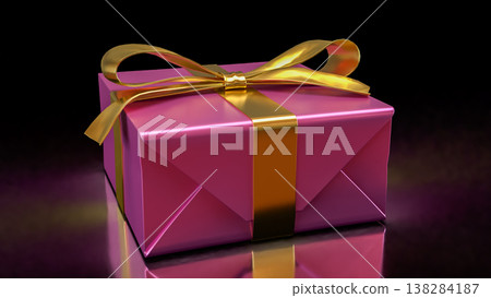Luxury Pink Gift Box With Golden Ribbon On Dark Background 3d render. Luxury Pink Gift Box With Golden Ribbon On Dark Background 3d render. 138284187