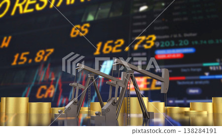 Oil Pump Jack With Stock Market And Gold Coins Concept 3d render. Oil Pump Jack With Stock Market And Gold Coins Concept 3d render. 138284191