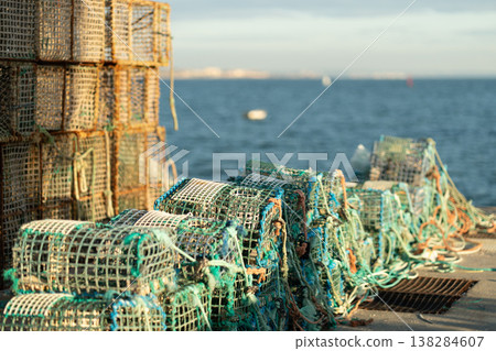 Crab Traps Stacked by the Waterfront Ready for a Crab Traps Stacked by the Waterfront Ready for a 138284607