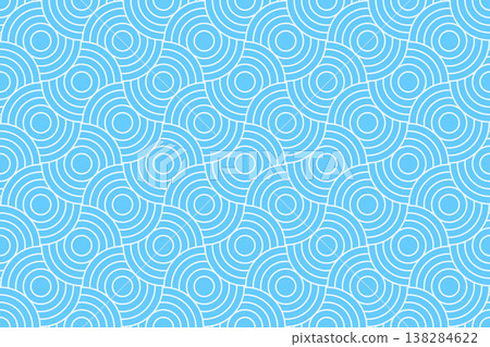 Blue overlapped circles in traditional Japanese or Chinese style seamless pattern. Sea or ocean water background. Dragon or fish scale texture. Abstract oriental ornament. Vector flat illustration 138284622
