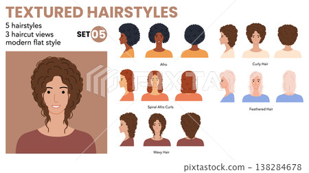 Textured hairstyles infographic set with labeled afro, ringlets, wavy, curly and feathered styles, modern flat layout  138284678