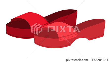 Red clog sandal shoe women flat pair. Platform slide sandal for seaside promenade summer party. Technical fashion Red clog sandal shoe women flat pair. Platform slide sandal for seaside promenade summer party. Technical fashion 138284681