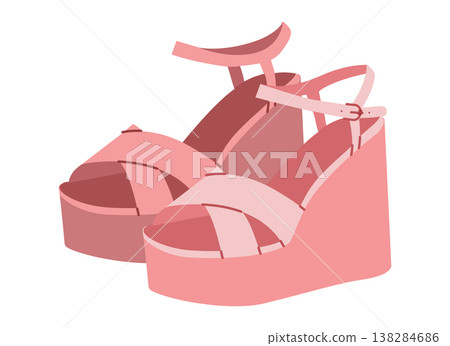 Pink platform wedge sandal women flat pair. Cross strap ankle buckle summer footwear for vacation, pool party, sunny  138284686