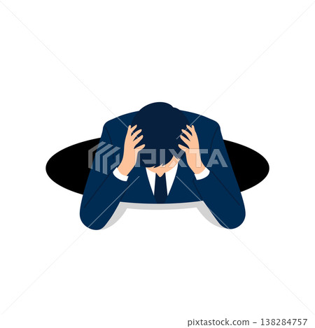 A simple illustration of a man in a suit holding his head after falling into a hole, representing a business persona expressing failure and despair. A simple illustration of a man in a suit holding his head after falling into a hole, representing a business persona expressing failure and despair. 138284757