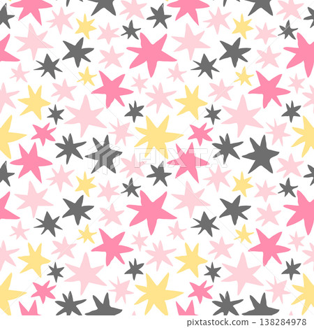 Cute vector seamless pattern with yellow, gray and pink stars on white background for baby and kid designs Cute vector seamless pattern with yellow, gray and pink stars on white background for baby and kid designs 138284978