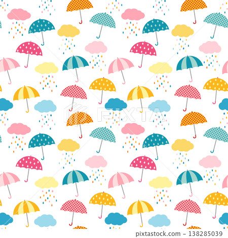 Cute and colorful vector umbrella seamless pattern with clouds and rain for kids clothing and paper products Cute and colorful vector umbrella seamless pattern with clouds and rain for kids clothing and paper products 138285039