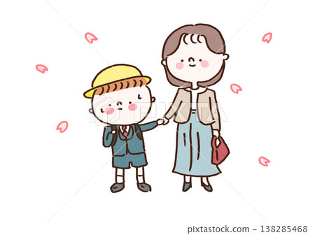 An illustration of a boy with a schoolbag on his back and his mother holding hands under a fully bloomed cherry tree (entrance ceremony). 138285468