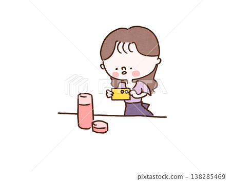 An illustration of a woman taking cute product photos of lotions and cosmetics with her smartphone. An illustration of a woman taking cute product photos of lotions and cosmetics with her smartphone. 138285469