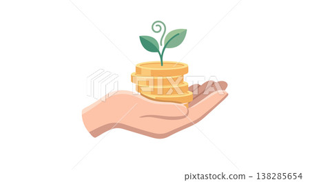 Hand holding stacked gold coins with a small green plant growing on top symbolizing financial growth savings investment 138285654