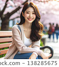 A spring portrait of a woman sitting on a bench amidst a row of cherry trees in full bloom, smiling gently. 138285675