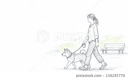 一幅橫幅圖片，畫面是一位女士在公園裡遛狗，採用了留白構圖。 138285778
