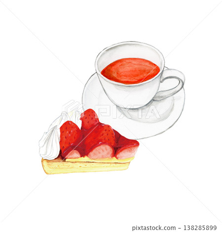 Hand-painted watercolor illustration of a teacup and strawberry tart. A stylish sweet treat for teatime. 138285899
