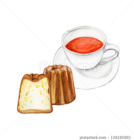 手繪水彩插畫，描繪了一隻茶杯和可露麗。精緻的下午茶甜點。 138285901
