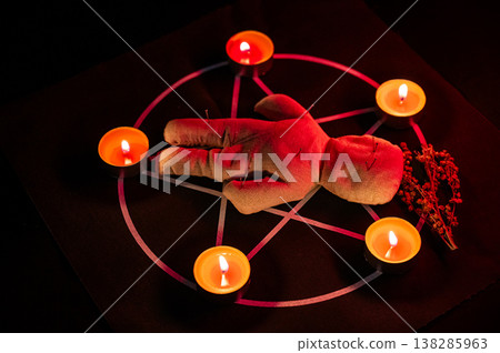 Voodoo doll on a pentagram. Witch spells. Voodoo doll on a pentagram. Witch spells. 138285963