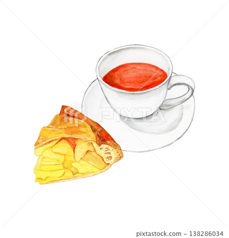 Hand-painted watercolor illustration of a teacup and apple pie. A stylish sweet treat for teatime. 138286034