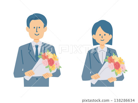 An illustration of the upper body of a person in a suit holding a bouquet of flowers. 138286634