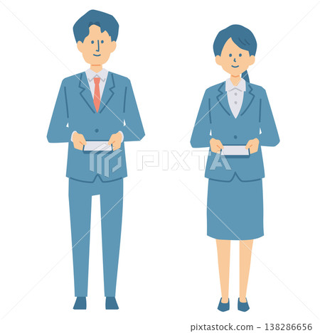 兩名穿著西裝的人交換名片的全身插圖。 138286656