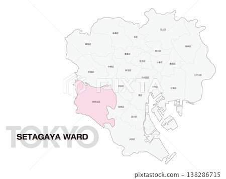 東京世田谷區位置圖,包括區名。 東京世田谷區位置圖,包括區名。 138286715