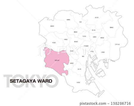 東京世田谷區位置圖，包括區名。 138286716