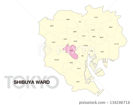 東京澀谷區位置圖,含區名。 東京澀谷區位置圖,含區名。 138286718