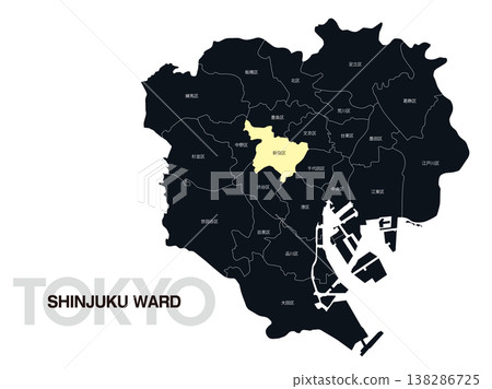 東京新宿區位置圖,含區名。 東京新宿區位置圖,含區名。 138286725