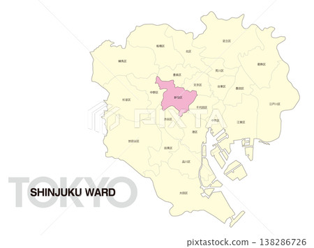 東京新宿區位置圖,含區名。 東京新宿區位置圖,含區名。 138286726