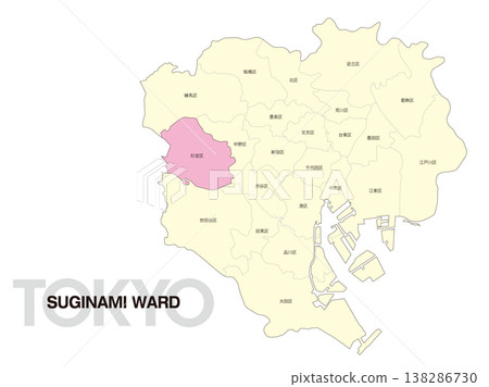 Location map of Suginami Ward, Tokyo, including ward names. 138286730