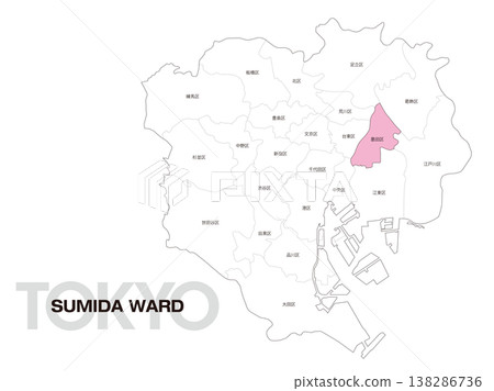 Location map of Sumida Ward, Tokyo, including ward names. 138286736