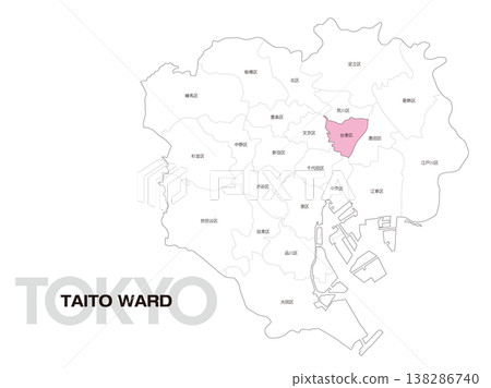 Location map of Taito Ward, Tokyo, including ward names. 138286740