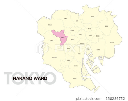 Location map of Nakano Ward, Tokyo, including ward names. 138286752