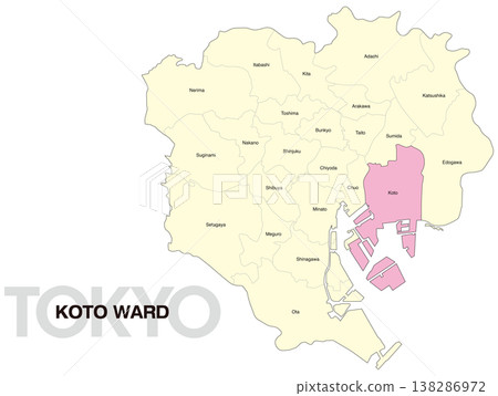 Map of Koto Ward, Tokyo, including ward names (English) 138286972