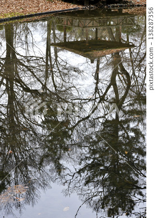 Trees and gazebo reflected in the pond 138287356