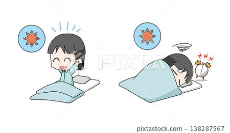 一組插圖，描繪了善於起床的女孩和不善於起床的女孩。 138287567