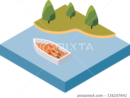 湖泊及其上的划艇的等距插圖。 湖泊及其上的划艇的等距插圖。 138287642