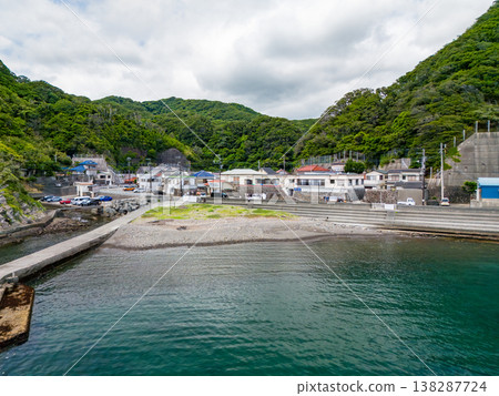 Drone footage of the port town of Nakagi Port, where the Hirizo Beach ferry departs and arrives. Hirizo Beach, Nakagi, Minamiizu Town, Shizuoka Prefecture, Izu Peninsula - 2025 138287724