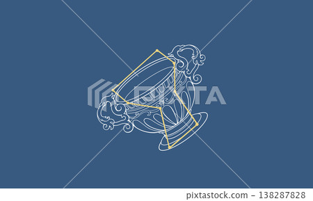 An illustration of the constellation Crater (a white outline of a cup and gold constellation lines) against a navy blue background. 138287828