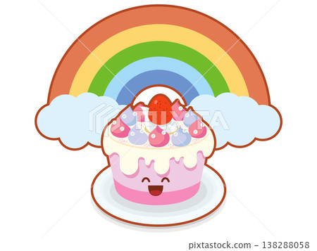 Rainbow and smiling strawberry decorated cake: Celebration anniversary illustration Rainbow and smiling strawberry decorated cake: Celebration anniversary illustration 138288058