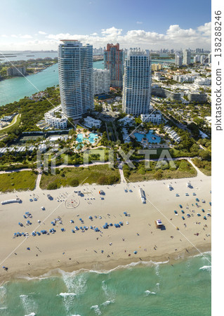 American southern seashore of Miami Beach city. Tourist infrastructure in Florida, USA. South Beach high luxurious hotels and apartment buildings 138288246