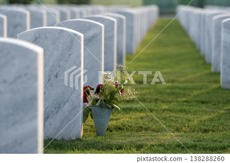 American army national cemetery with rows of white headstones on green grass lawn. Memorial Day concept American army national cemetery with rows of white headstones on green grass lawn. Memorial Day concept 138288260