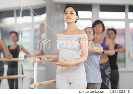 Female ballet enthusiast learning first position at group session Female ballet enthusiast learning first position at group session 138288348