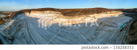 Aerial view of open pit mining site of limestone materials for construction industry with excavators and dump trucks Aerial view of open pit mining site of limestone materials for construction industry with excavators and dump trucks 138288353
