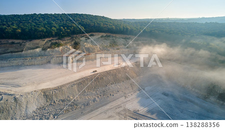 Aerial view of open pit mining site of limestone materials extraction for construction industry with excavators and dump trucks. 138288356