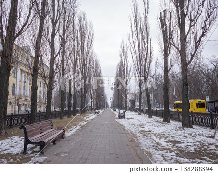 [Ukraine] A deserted cobblestone street with lingering snow and a cloudy sky in Kyiv, the capital. 138288394