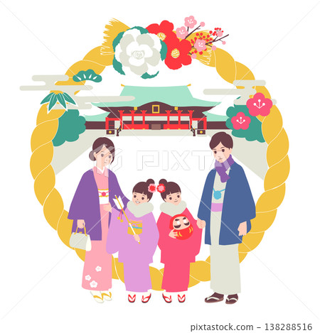 季節性家庭插畫(一月):一家人穿著和服參拜神社。 季節性家庭插畫(一月):一家人穿著和服參拜神社。 138288516