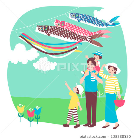 季節性家庭插畫(五月):一家人在翠綠的天空中觀賞鯉魚彩帶遊動。 季節性家庭插畫(五月):一家人在翠綠的天空中觀賞鯉魚彩帶遊動。 138288520