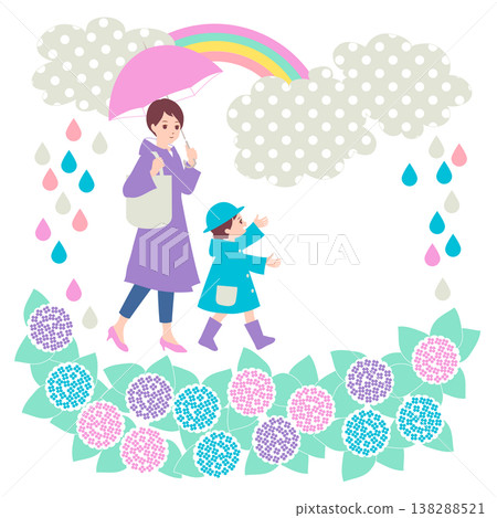 Seasonal Family Illustration (June): A parent and child taking a walk in the rain while admiring hydrangeas. Seasonal Family Illustration (June): A parent and child taking a walk in the rain while admiring hydrangeas. 138288521