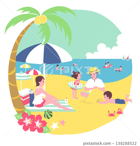 Seasonal Family Illustration (July): A family enjoying a swim in the sea during summer. Seasonal Family Illustration (July): A family enjoying a swim in the sea during summer. 138288522