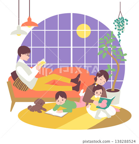 季節性家庭插畫(九月):一家人在漫長的秋夜裡於室內放鬆閱讀。 季節性家庭插畫(九月):一家人在漫長的秋夜裡於室內放鬆閱讀。 138288524